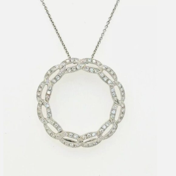 18K White Gold Circle Natural Diamond Pendant Necklace - Picture 1 of 7